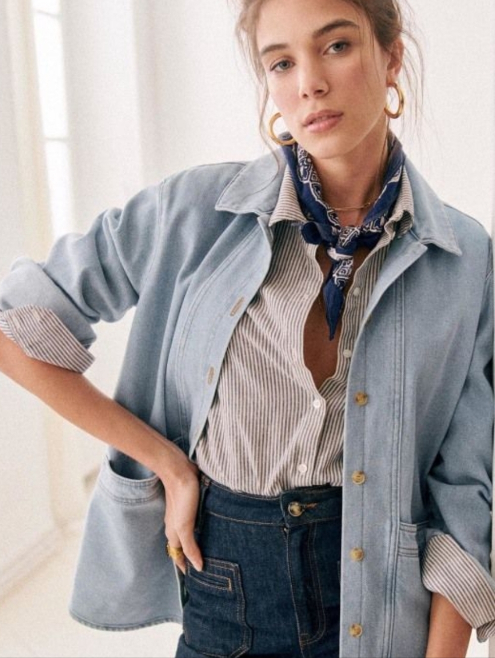 Sezane Will Jacket Light Blue Denim with Patch Pockets